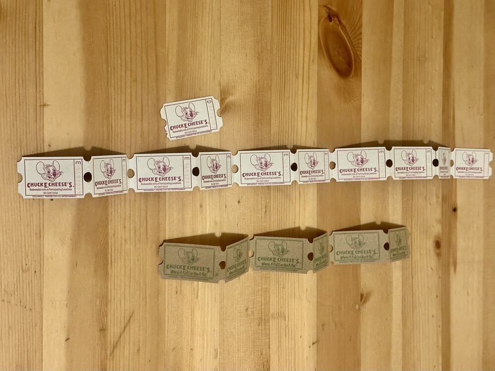 VINTAGE CHUCK E CHEESE 6 GREEN/BROWN 10 PURPLE/WHITE CARDBOARD GAME TICKETS